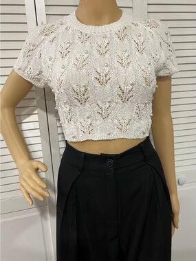 Altar'd State White Pearl-Embellished Knit Crop Top